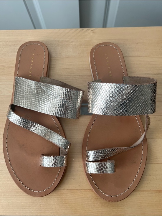 Topshop Shoes - Topshop Gold Metallic Snake-Print Leather Slide Sandals